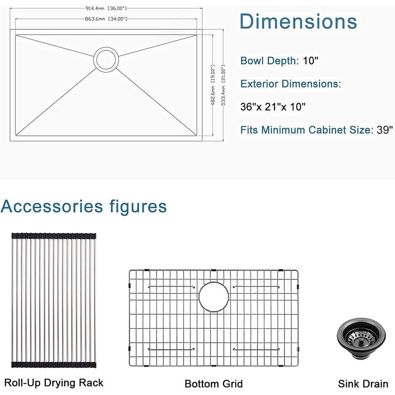 ALWEN 36'' L Undermount Single Bowl Stainless Steel Kitchen Sink Wayfair